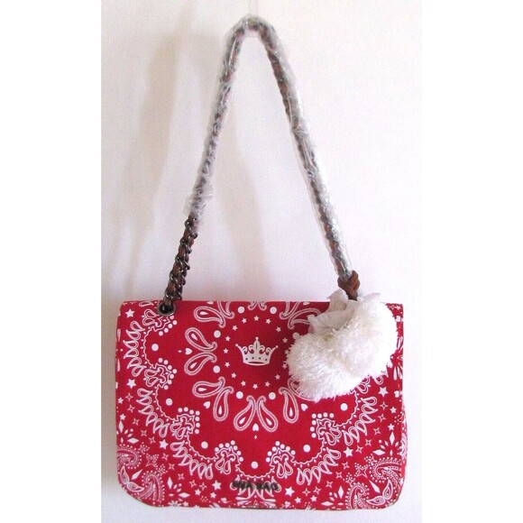 DESIGNER MIA BAG RED & WHITE BANDANA PRINT WHITE POM-POM CHARM CHAIN BAG - Picture 14 of 16